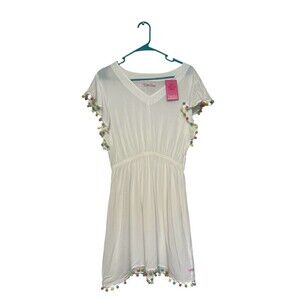 Ruffle Butts Women's Pom Pom Butterfly Cover Up White Small